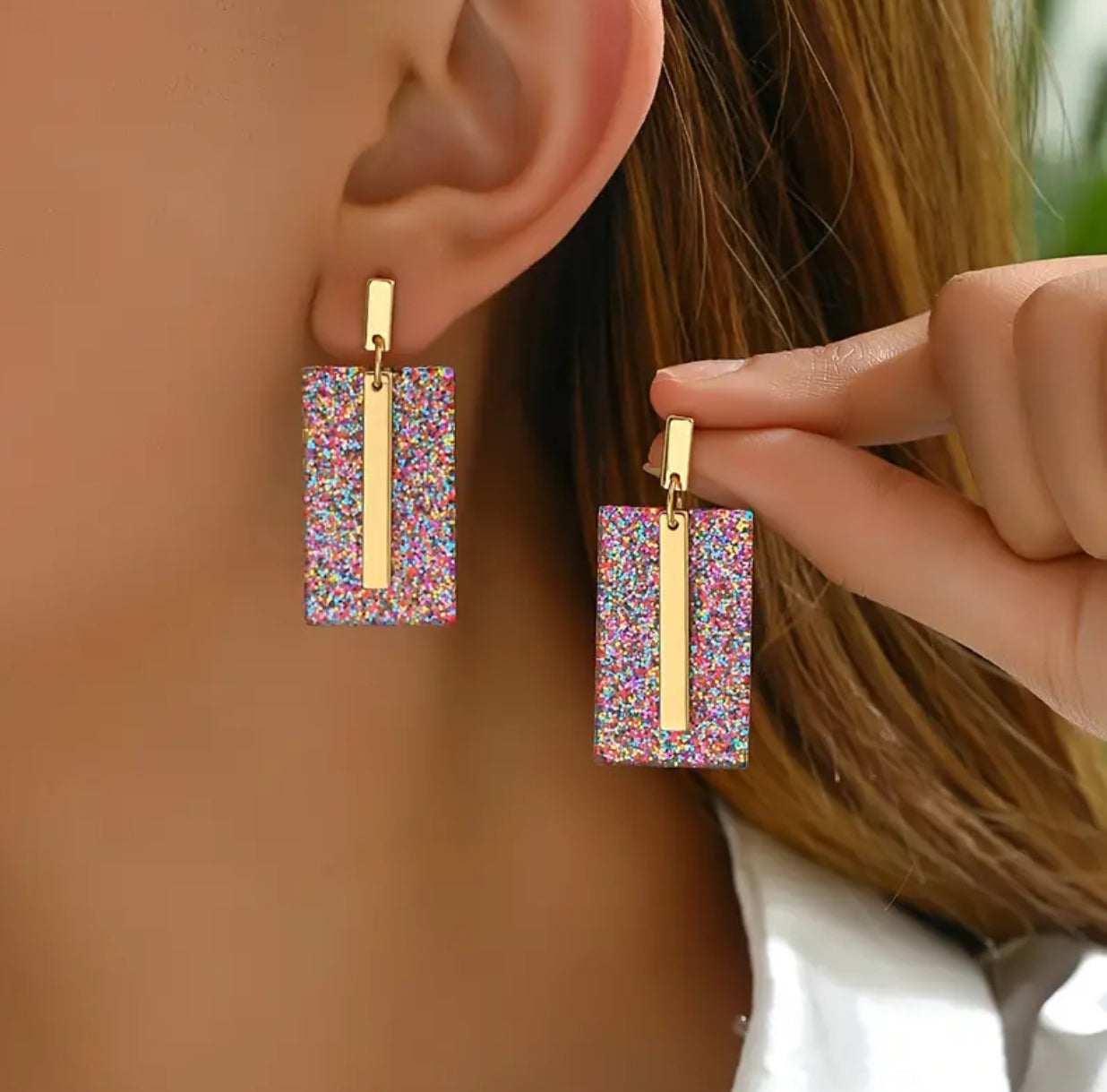 Glitter Rectangle Earring w/ Gold Accent