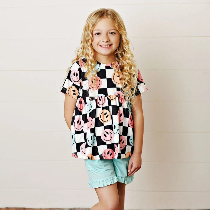 Retro Smiley Checkered Pocket Short Set