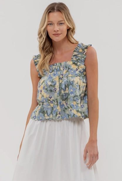 Watercolor Floral Ruched Sleeveless Top