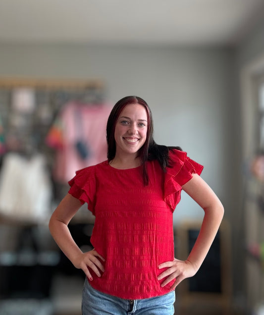 Red Double Ruffle Sleeve Top