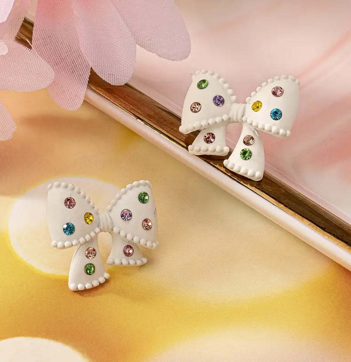 White Bow Earrings with Stone Accents