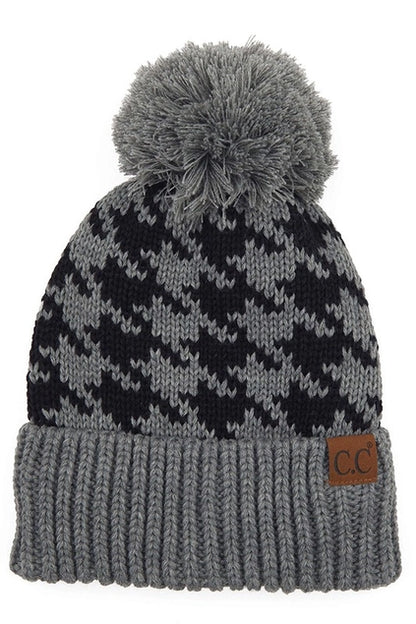 CC Houndstooth Knit Beanie with Pom