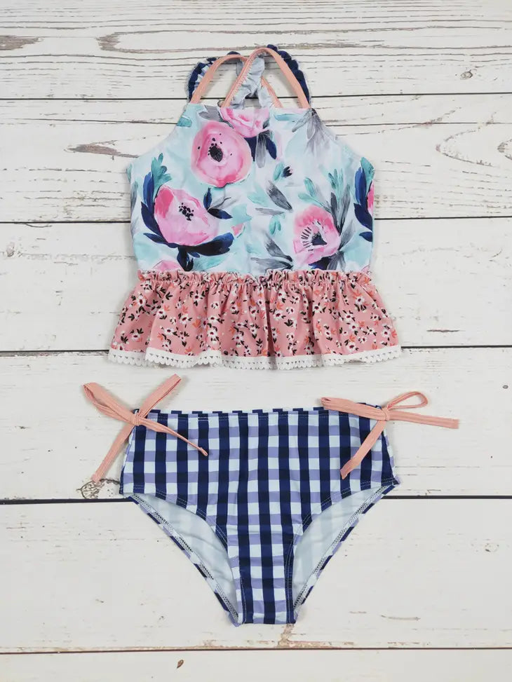 Floral Checkered Swim Set