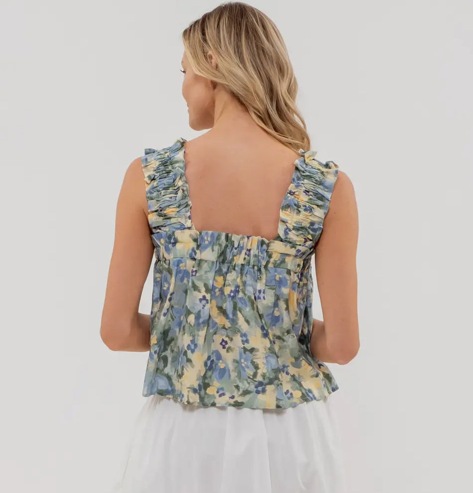 Watercolor Floral Ruched Sleeveless Top