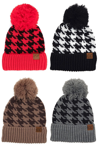 CC Houndstooth Knit Beanie with Pom