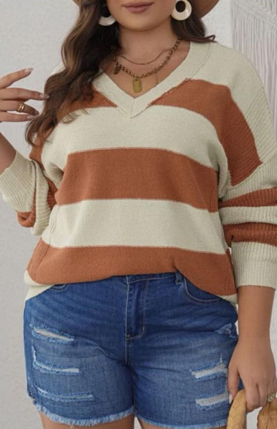 Curvy Striped V-Neck Sweater