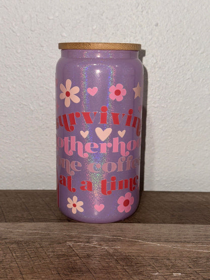 Surviving Motherhood One Coffee At A Time Glass Tumbler