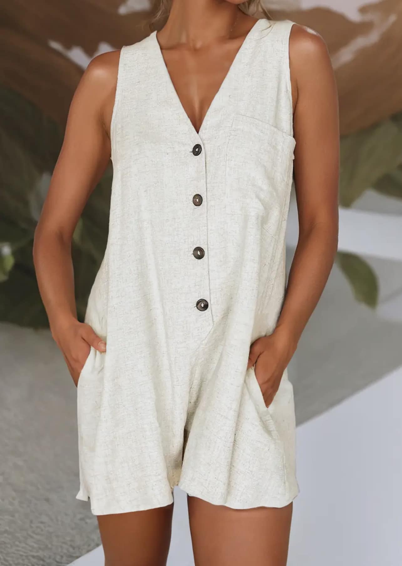 Linen V Neck Sleeveless Romper