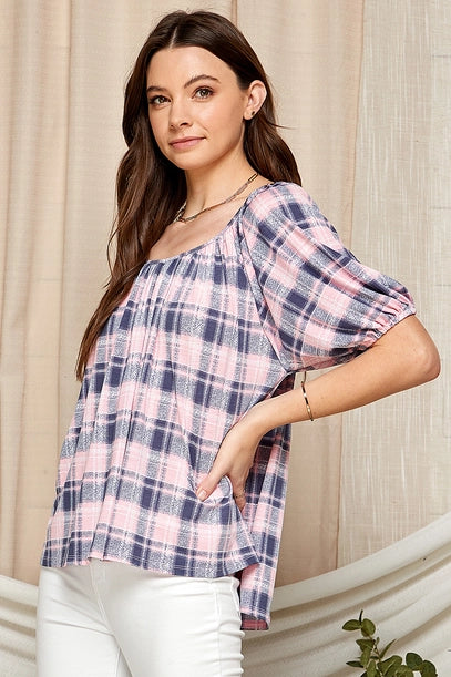 Curvy Pink Plaid Tie Back Top