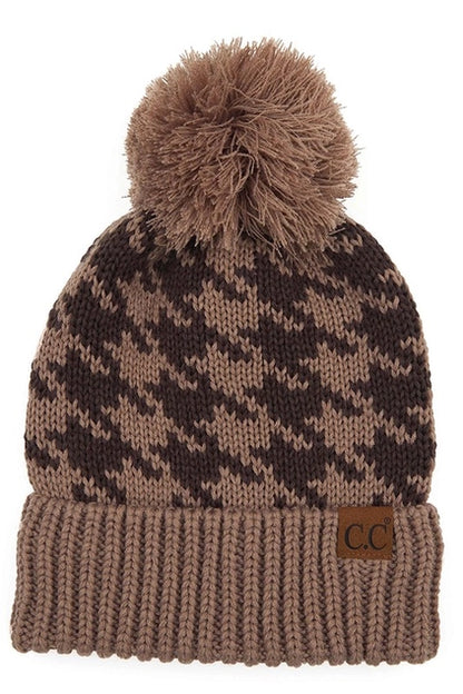 CC Houndstooth Knit Beanie with Pom