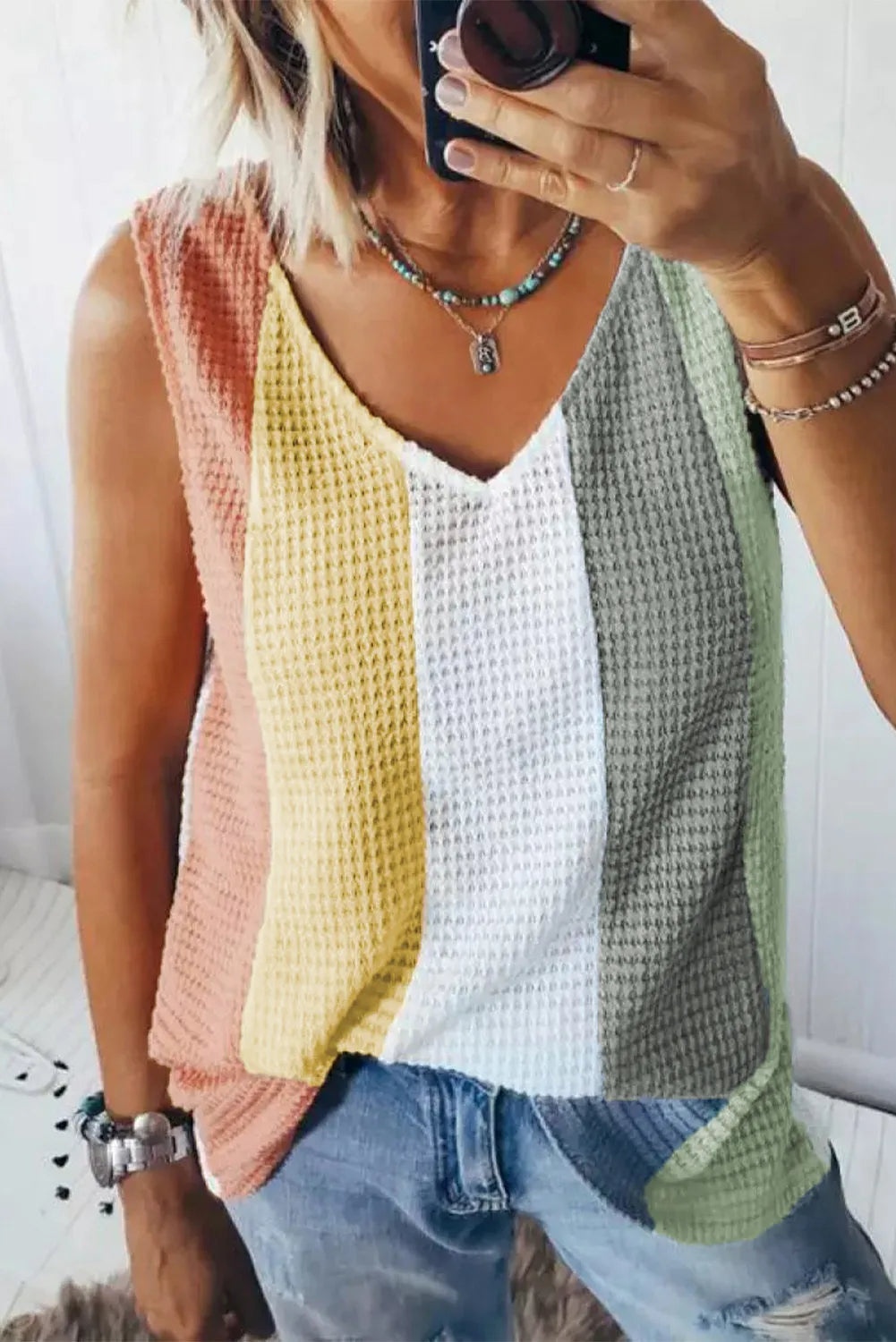 Multicolor V-Neck Waffle Knit Tank