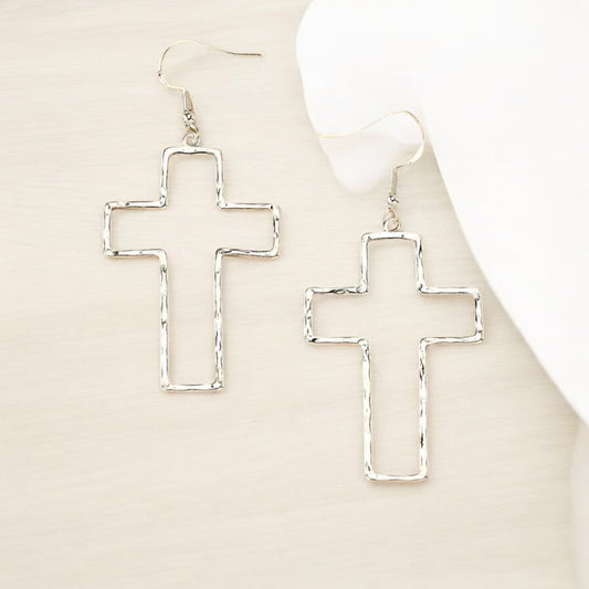 Silver Hammered Cross Earrings