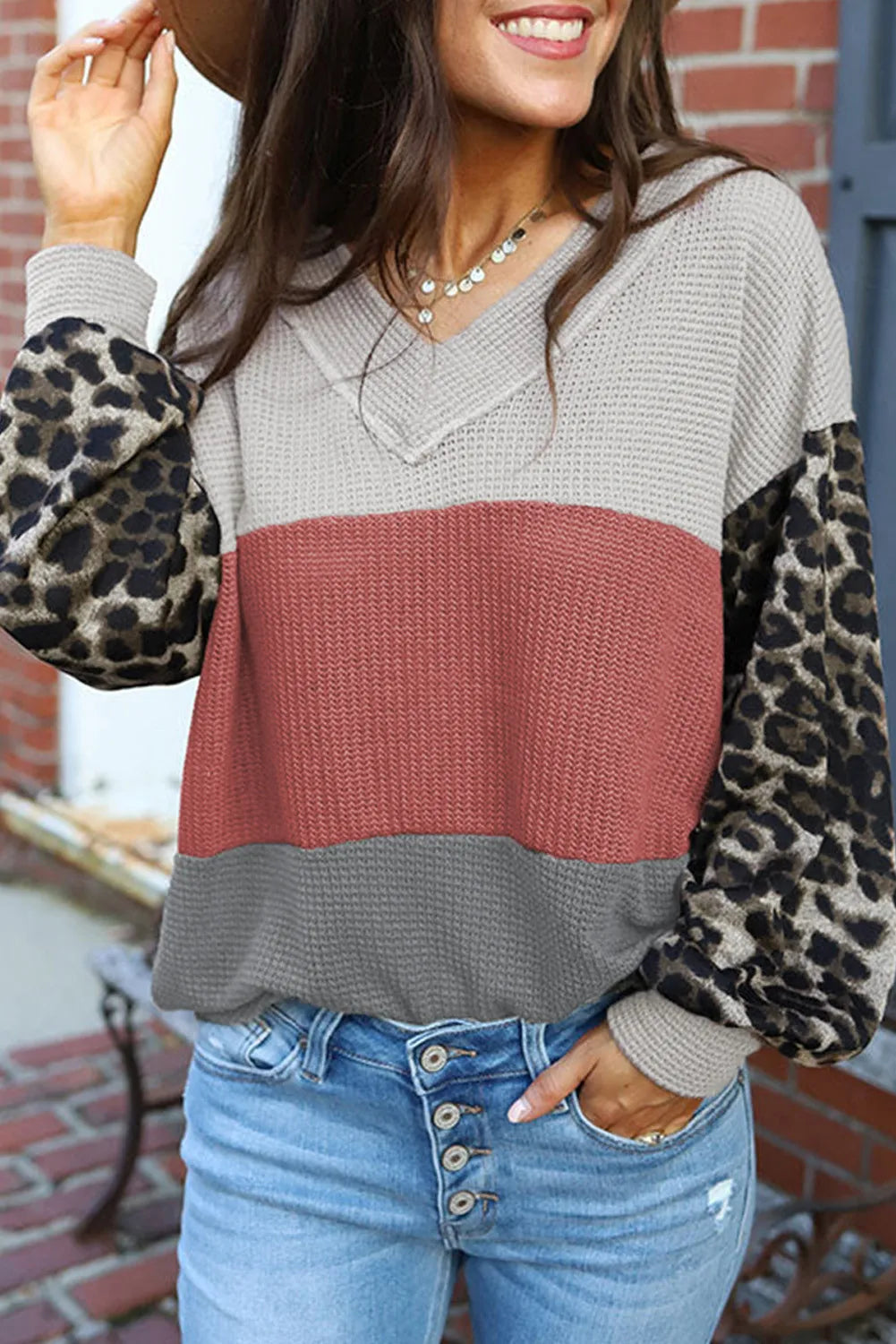 Leopard Contrast Sleeve Color Block Waffle Knit Top