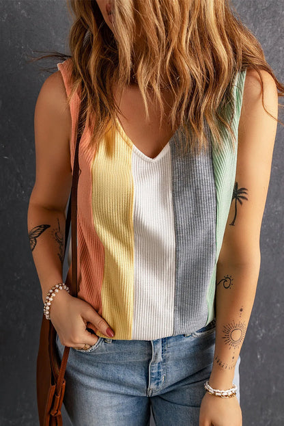 Multicolor V-Neck Waffle Knit Tank