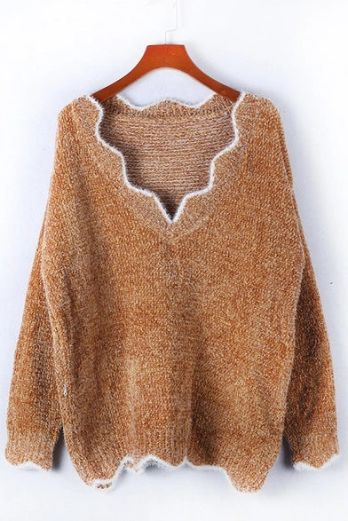 Wavy Neck Loose Knit Sweater