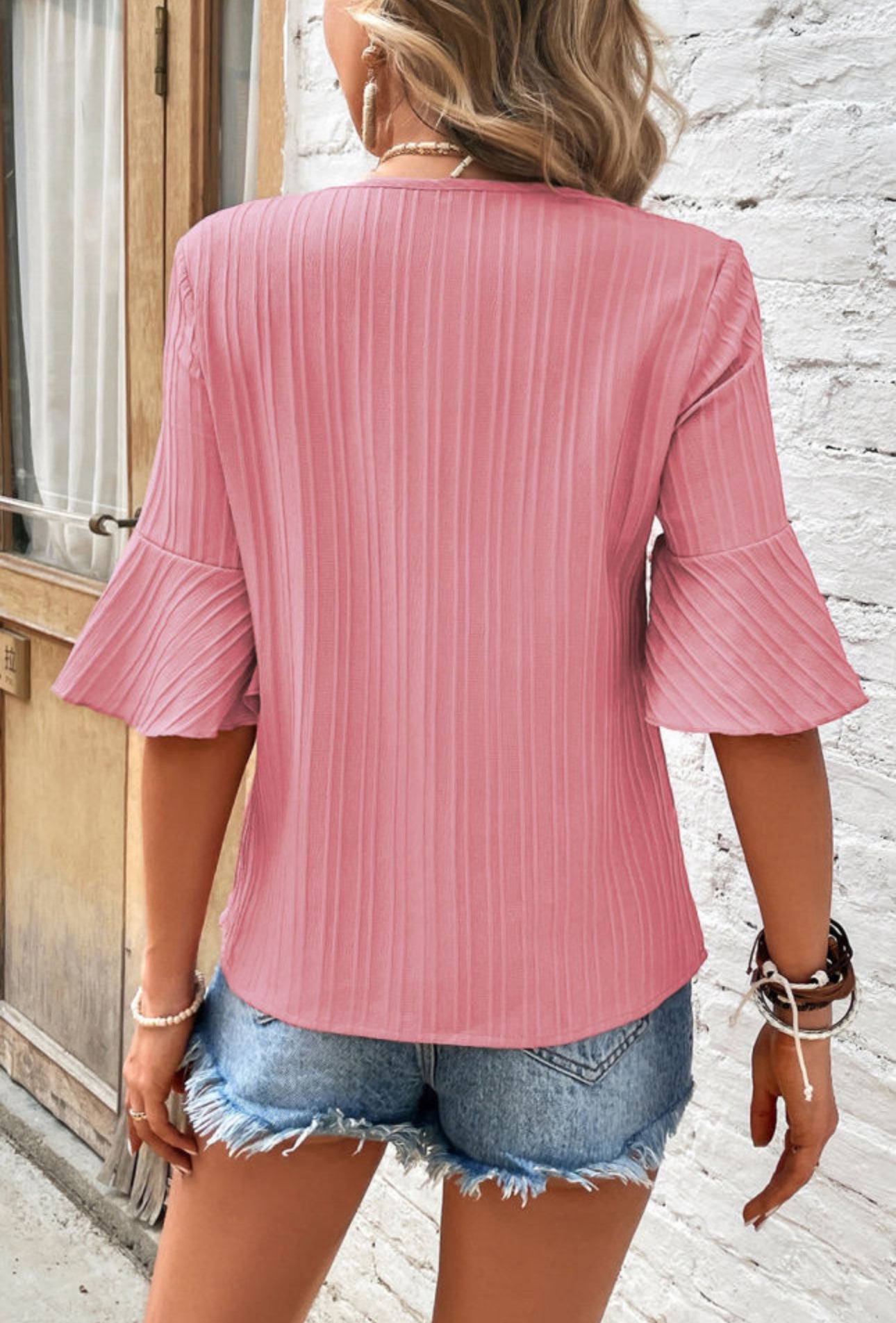 Blossom Ruffle V Neck Textured Top