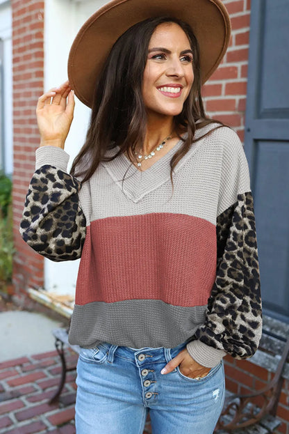 Leopard Contrast Sleeve Color Block Waffle Knit Top