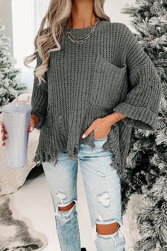 Raw Hem Distressed Chunky Sweater