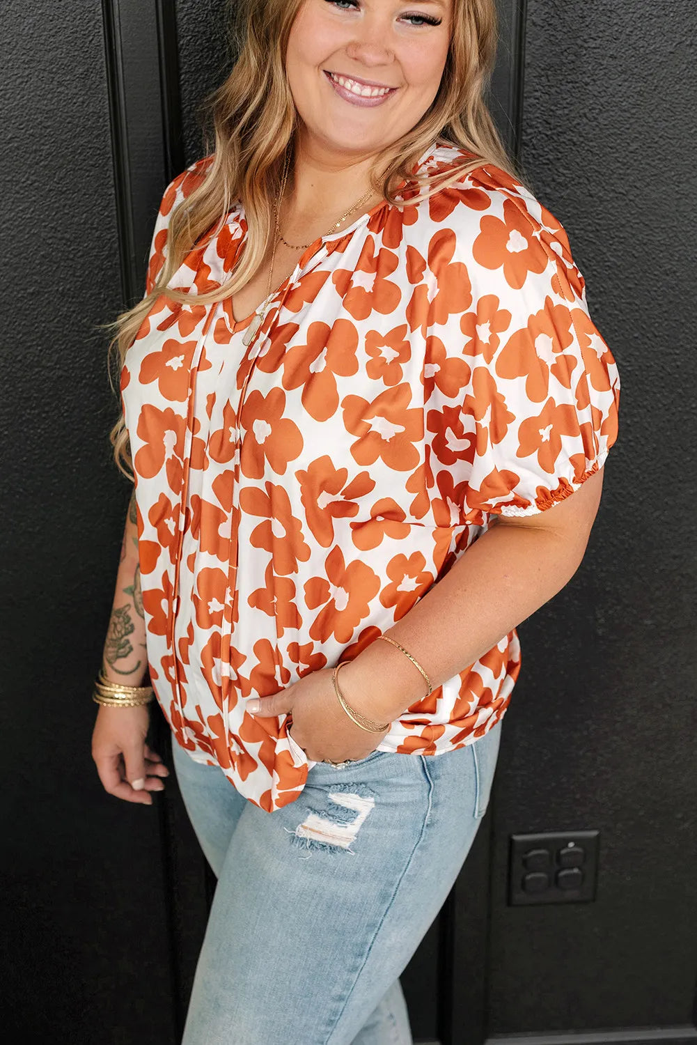 Floral Drawstring V Neck Blouse