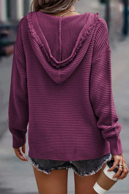 V-Neck Drop Shoulder Ribbed Hooded Sweater