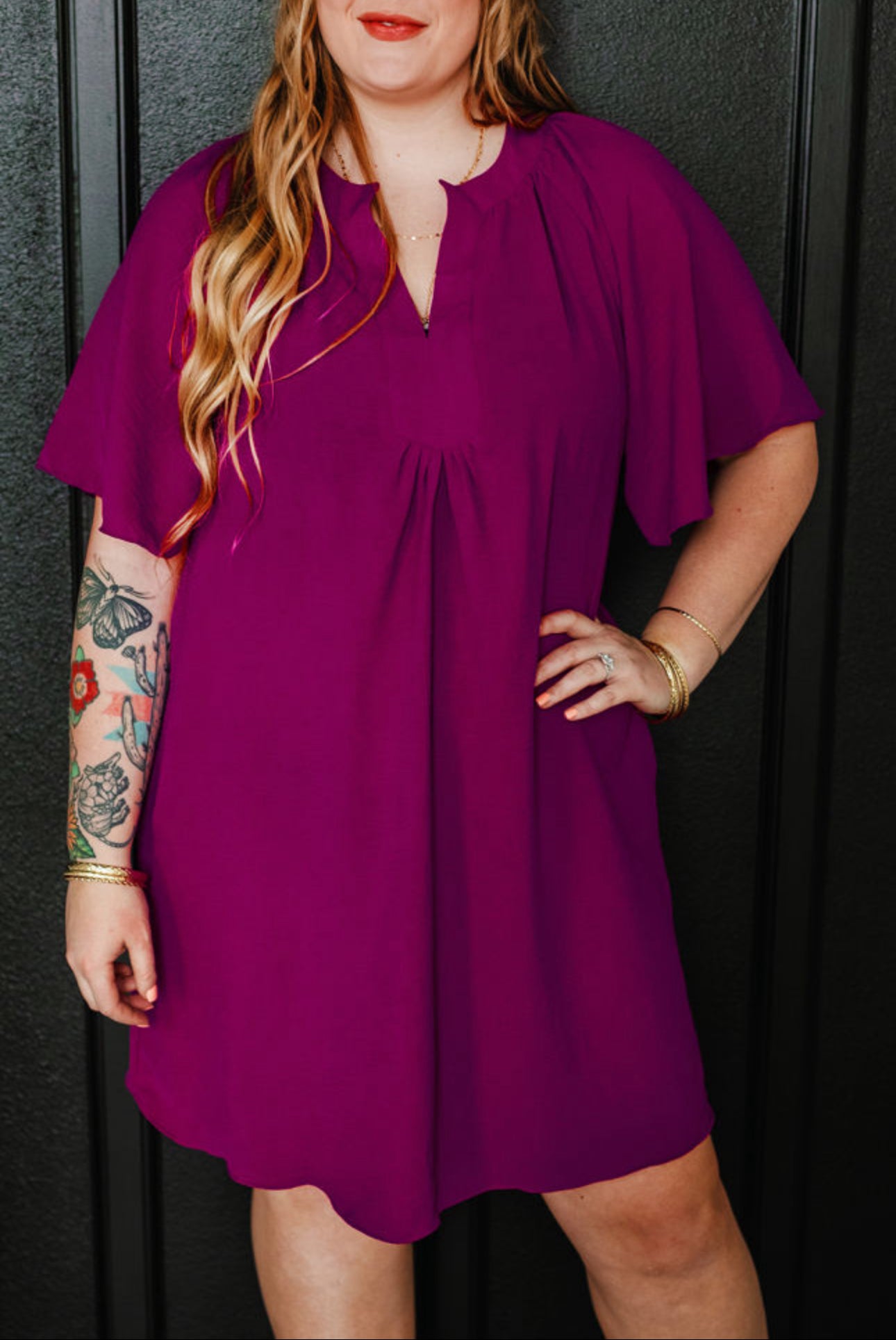 Curvy Wide Sleeve Pleated Dress