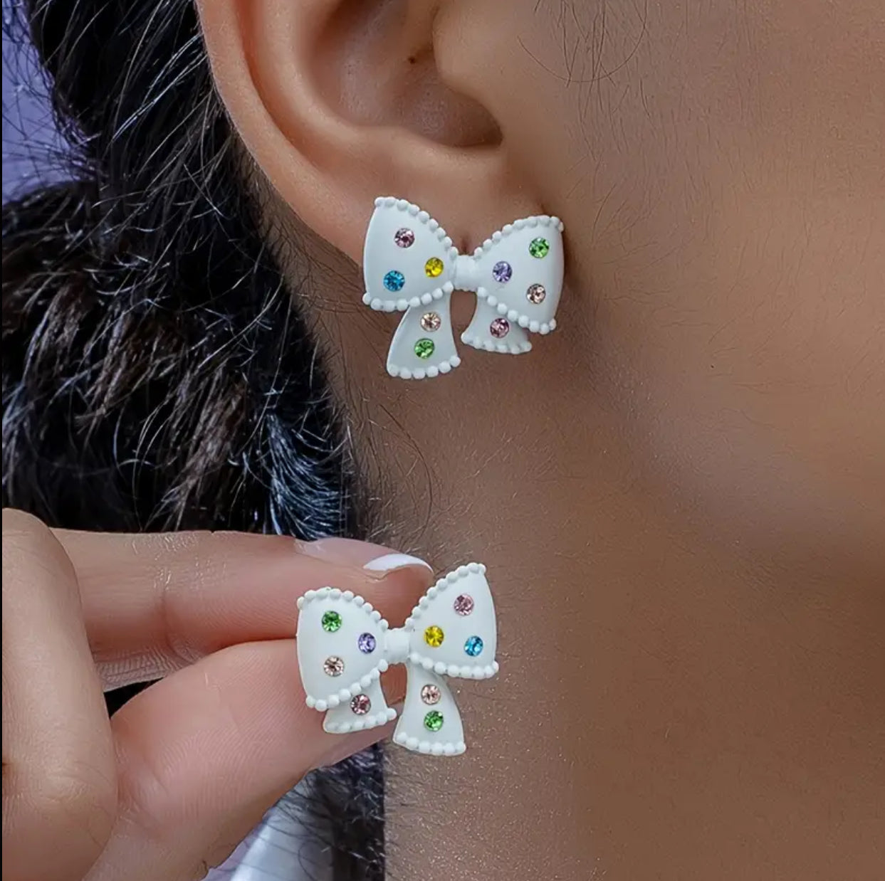 White Bow Earrings with Stone Accents