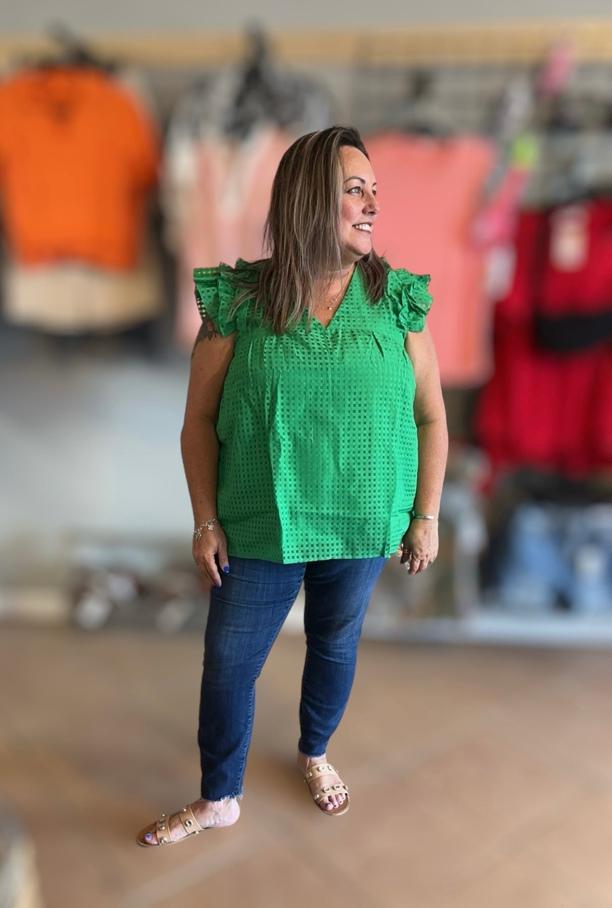 Green V Neck Ruffle Sleeve Top