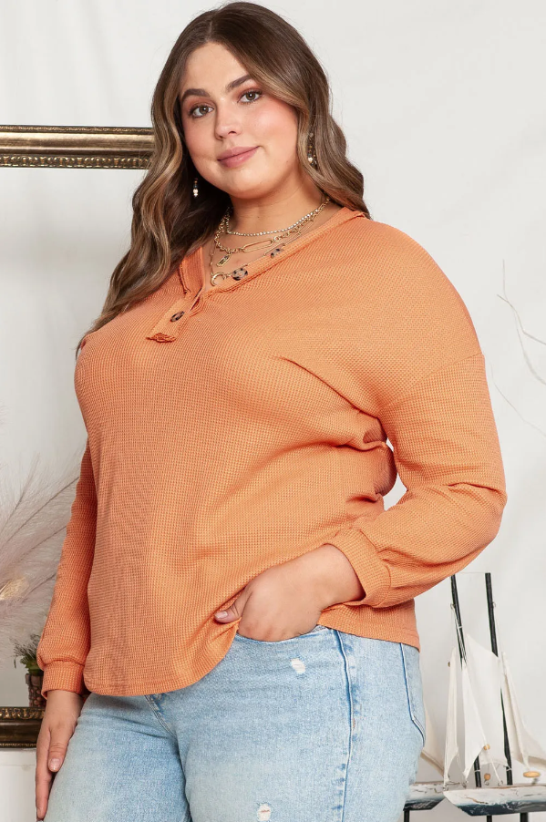 Buttoned V-Neck Waffle Knit Top