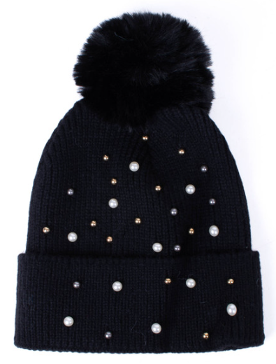 Adult Ribbed Beanie w/ Pearls and Pom