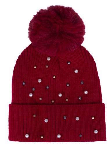 Adult Ribbed Beanie w/ Pearls and Pom