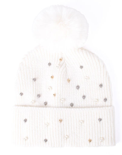 Adult Ribbed Beanie w/ Pearls and Pom