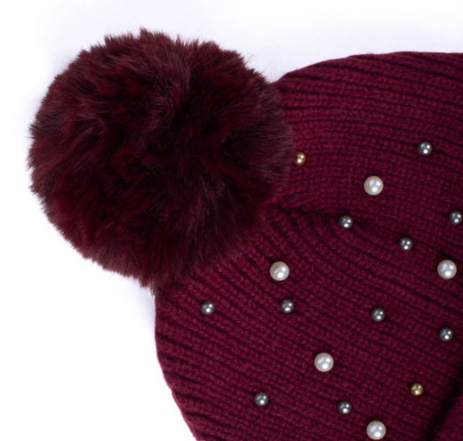 Adult Ribbed Beanie w/ Pearls and Pom