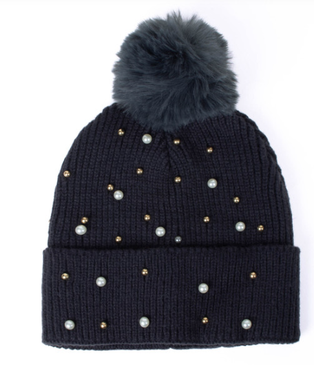 Adult Ribbed Beanie w/ Pearls and Pom