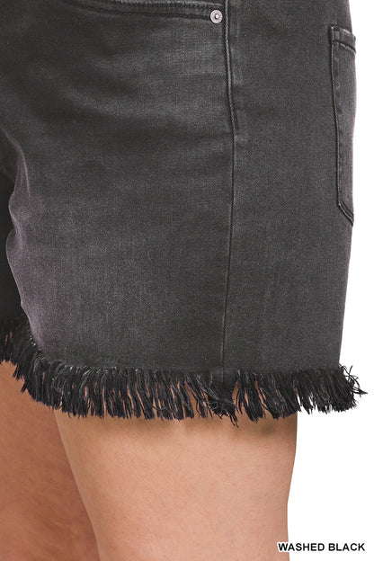 Curvy Mid Rise Frayed Hem Black Shorts