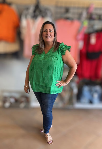 Green V Neck Ruffle Sleeve Top