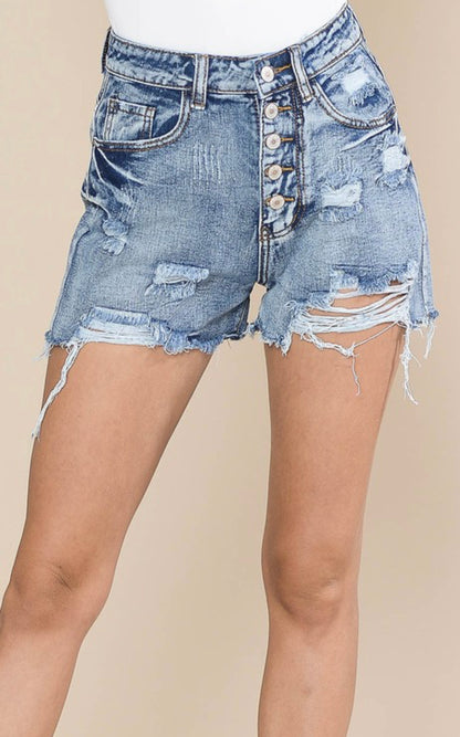 Button Fly High Waist Distressed Shorts