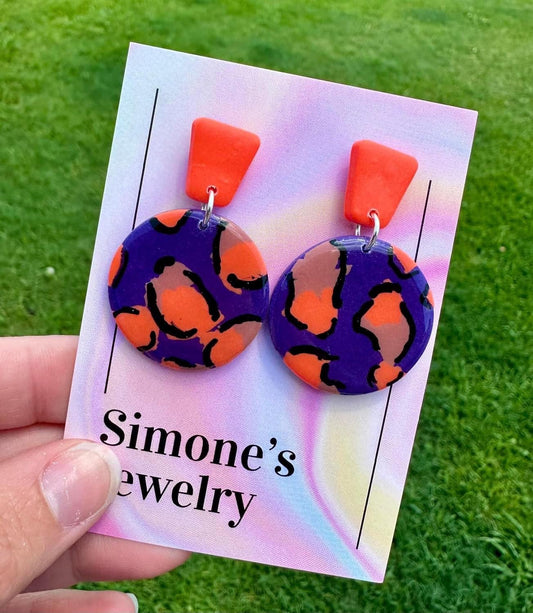 Purple & Orange Leopard Clay Earrings