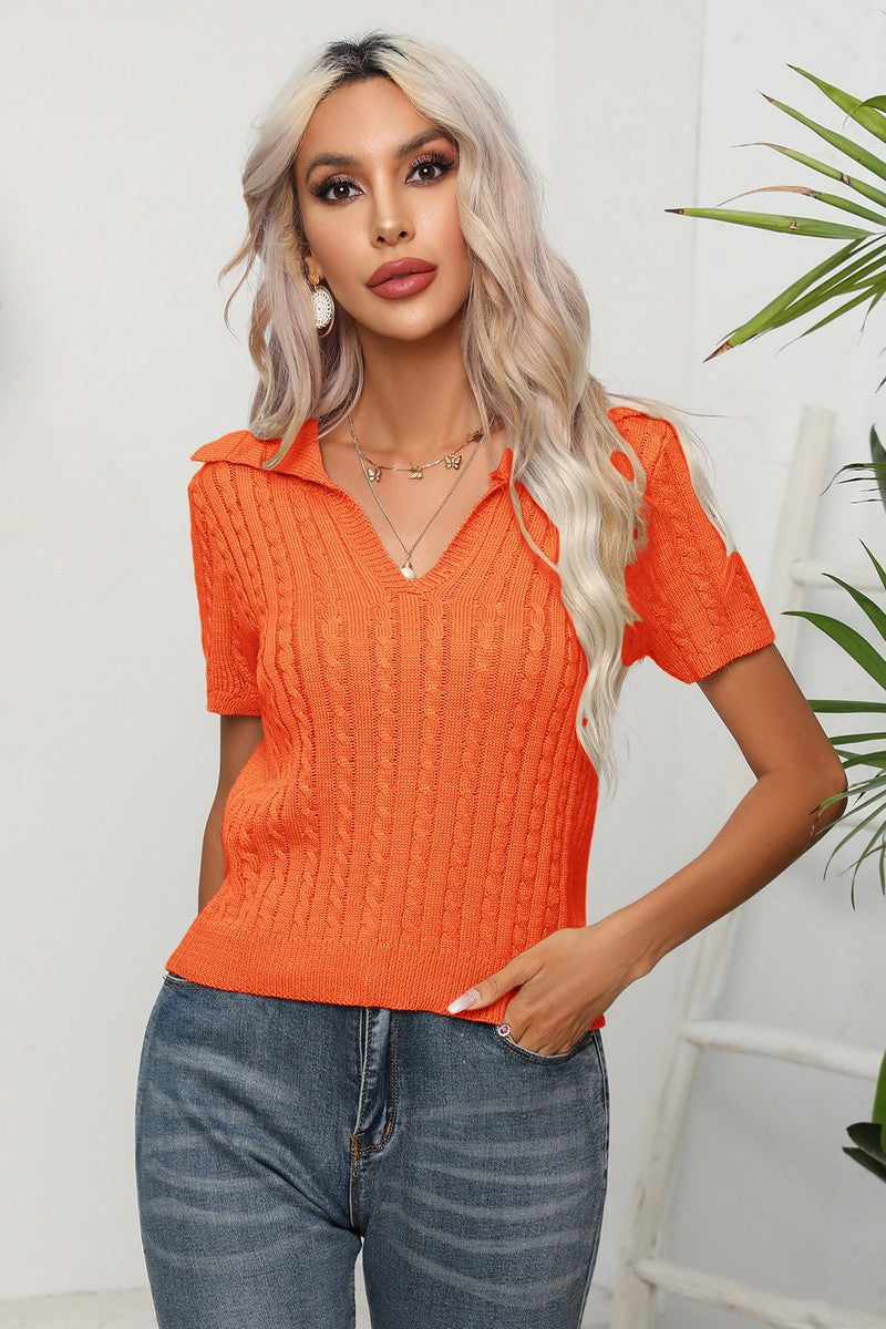 Orange V Neck Short Sleeve Sweater