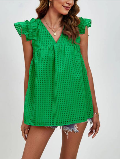 Green V Neck Ruffle Sleeve Top