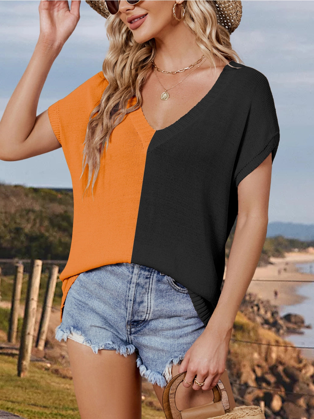 Orange/Black V Neck Color Block Knitted Top