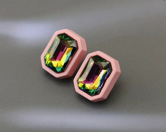 Iridescent Center Stone Chunky Stud Earrings