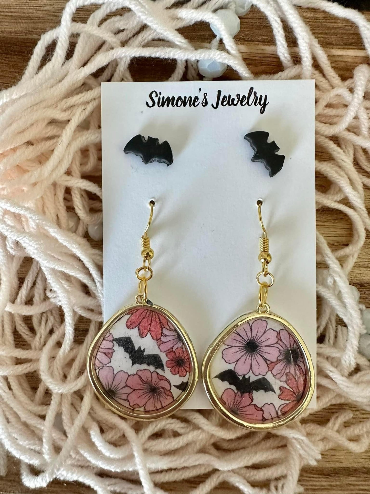 Floral Bat Dangle Earrings with Studs