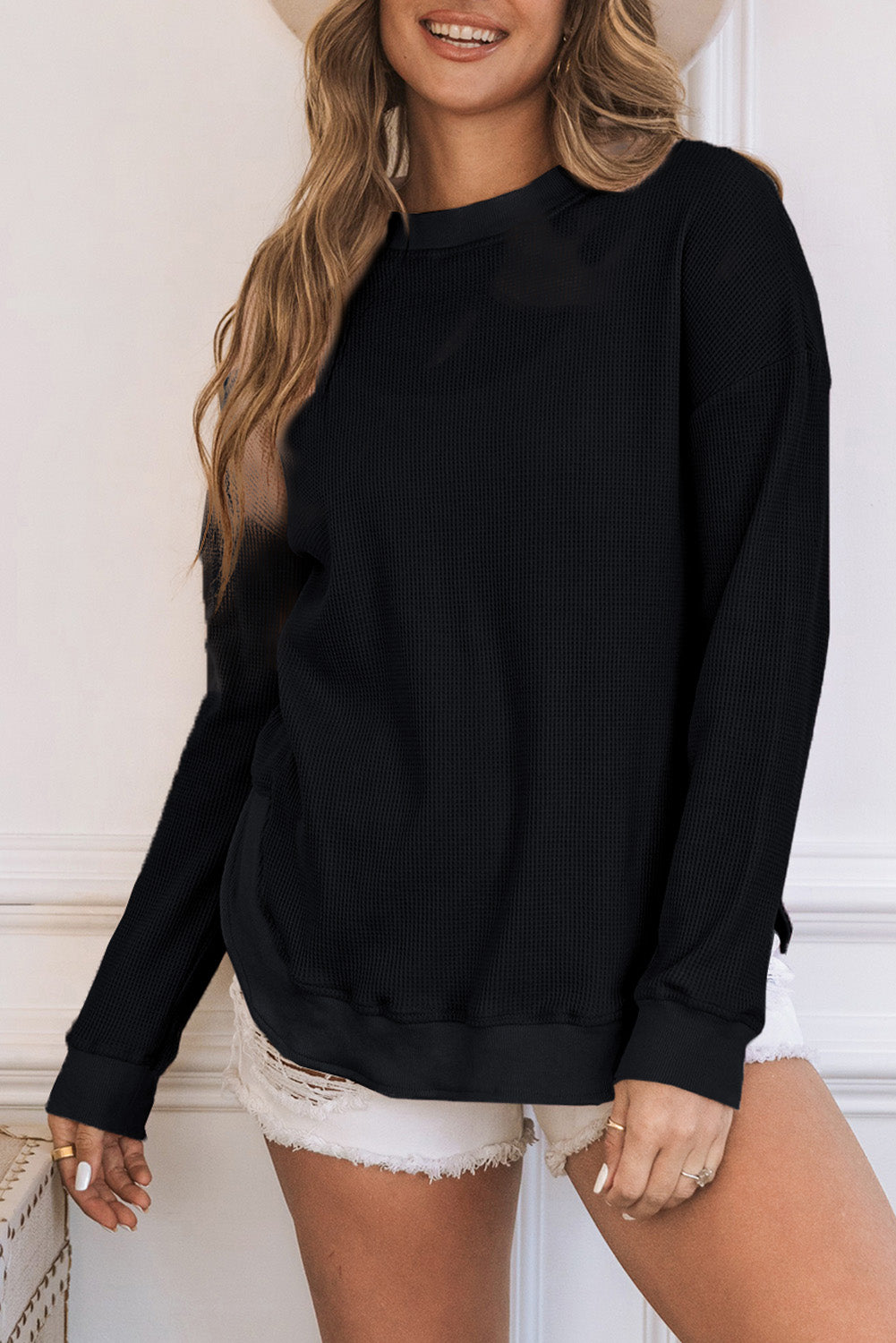 Crew Neck Waffle Knit Top