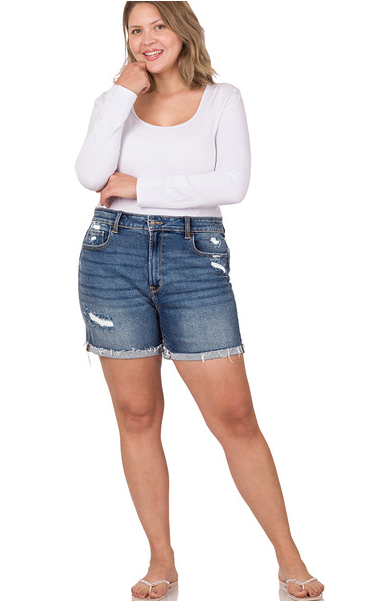 Curvy Distressed Cuffed Hem Denim Shorts