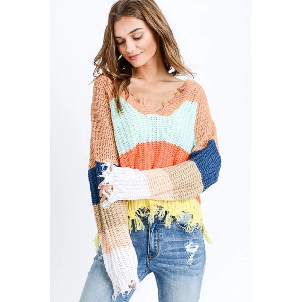 Distressed Colorblock Sweater