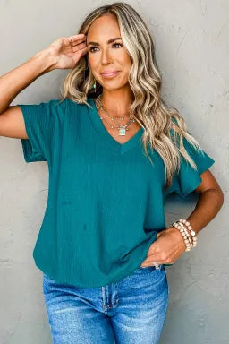 Crinkled V-Neck Wide Sleeve