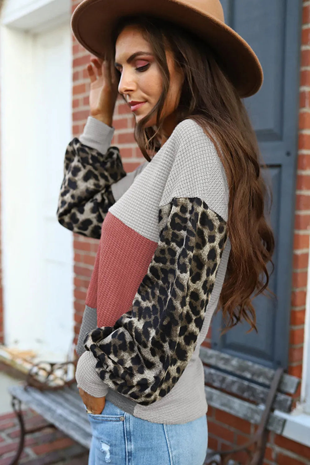 Leopard Contrast Sleeve Color Block Waffle Knit Top