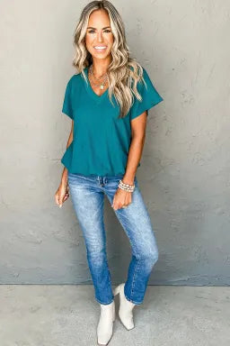 Crinkled V-Neck Wide Sleeve