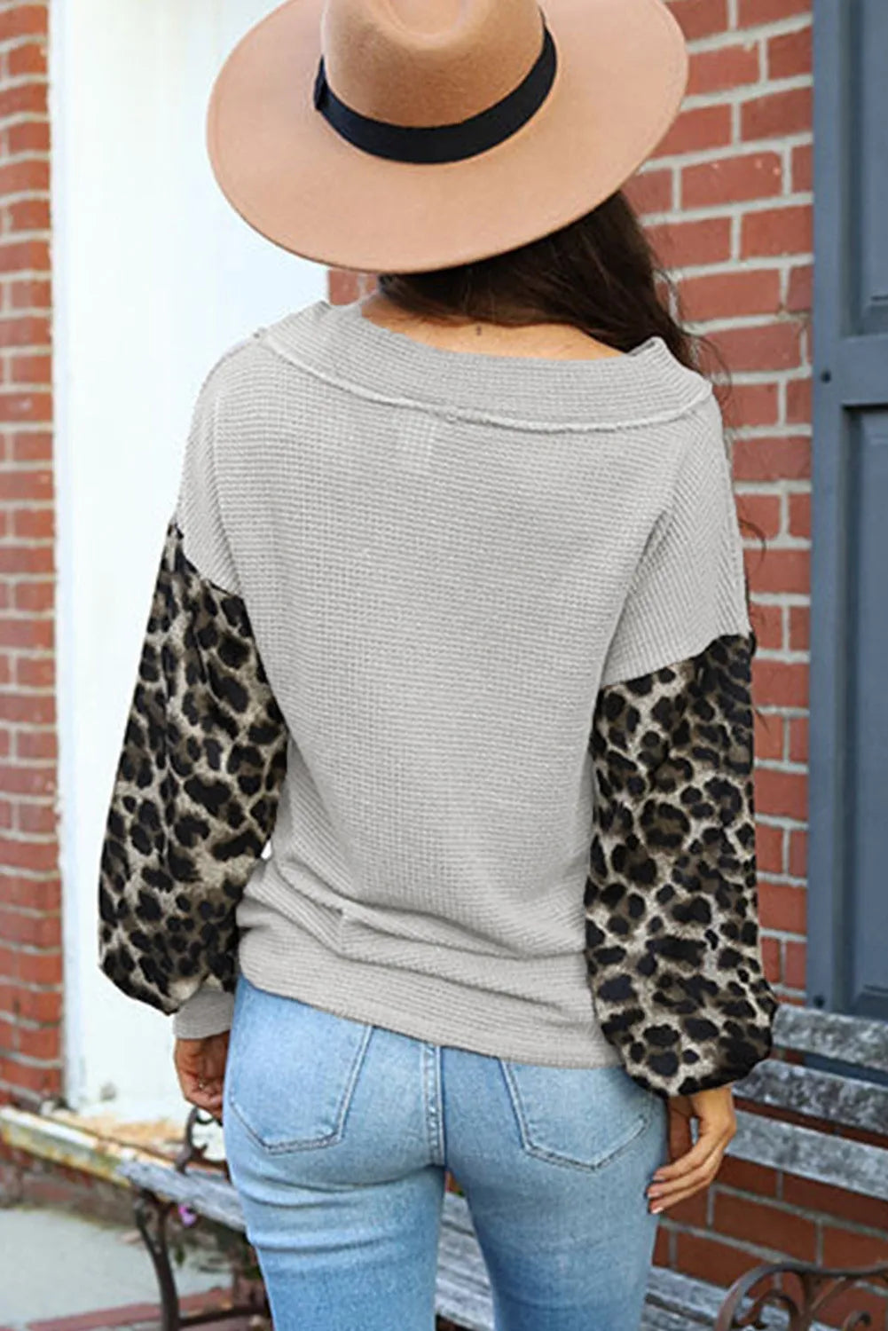 Leopard Contrast Sleeve Color Block Waffle Knit Top