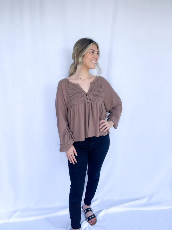 Ruched Button Long Sleeve Top